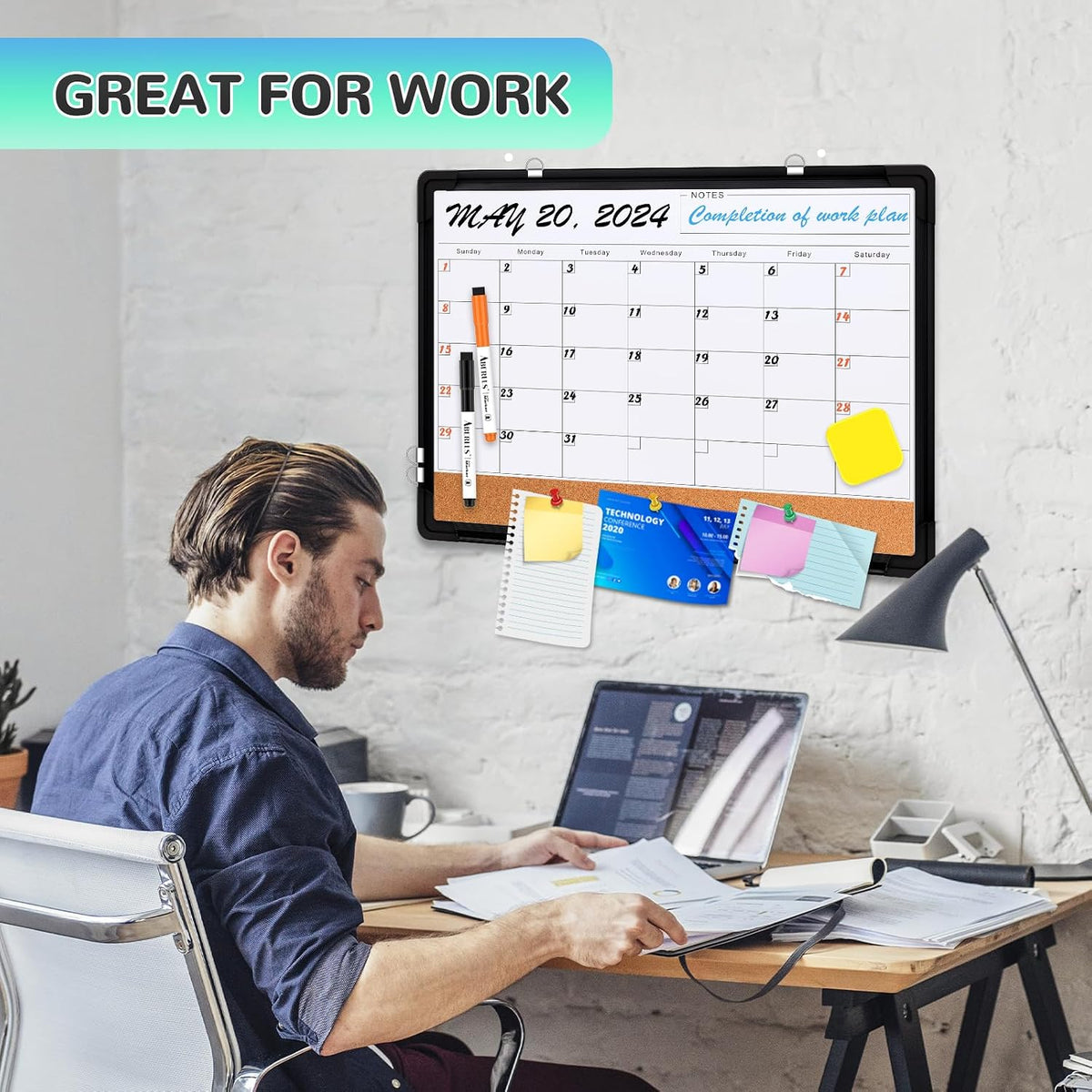 Monthly Calendar Whiteboard for Wall, 24x18 Inches Dry Erase Board with Cork Board Combo, Magnetic White Board, Double-Sided Hanging Portable Board for Office School Home Kitchen Planner, Black