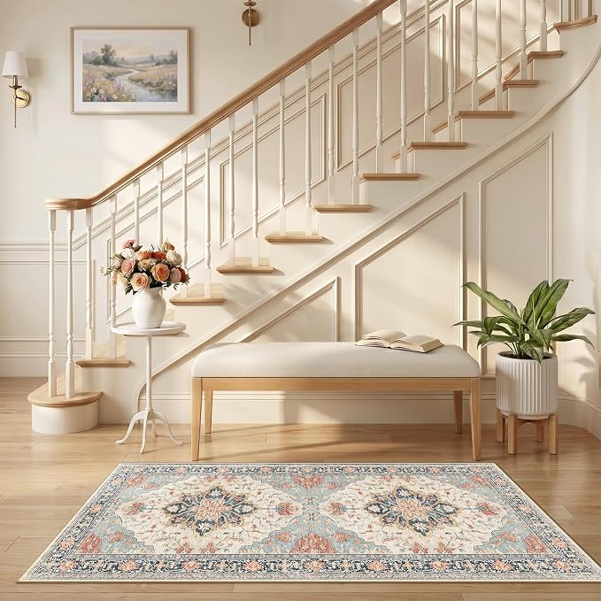RELEANY Area Rugs Runner 2'6"x5' Washable Non-Slip, Floral Vintage Distress