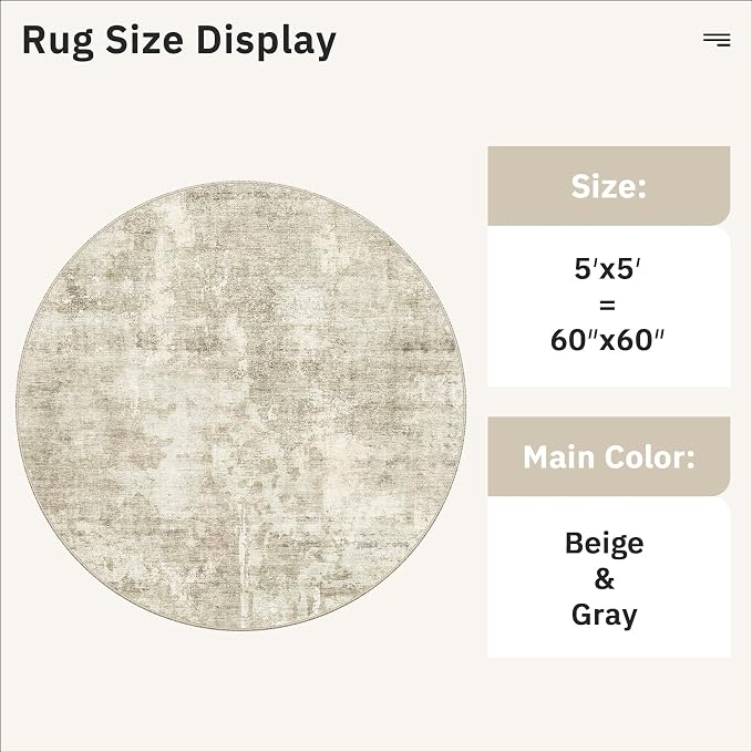 Soalmost 5x5 Beige Gray Round Rug 5ft Living Room Circle Rug Vintage Round Area