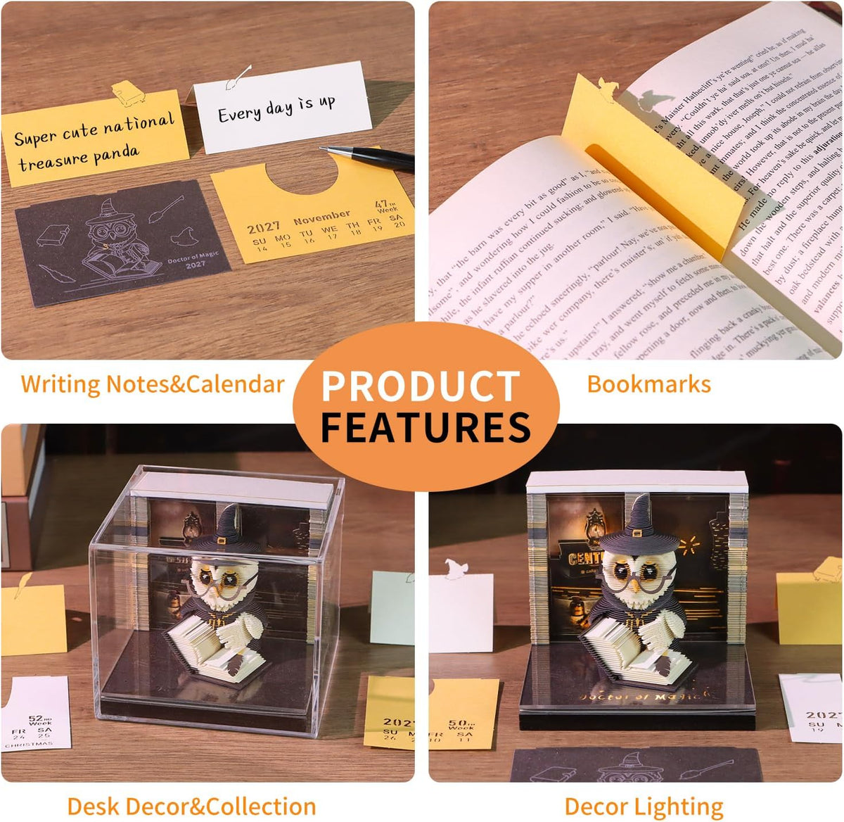 3D Timepiece Calendar 2027 with LED Light, 3D Memo Pad Paper Carving Art, Tear Away Desk Calendar for Daily Planner, Notepad & Bookmark, Creative Paper Sculpture for Office Decor & Gift (Wise Owl)