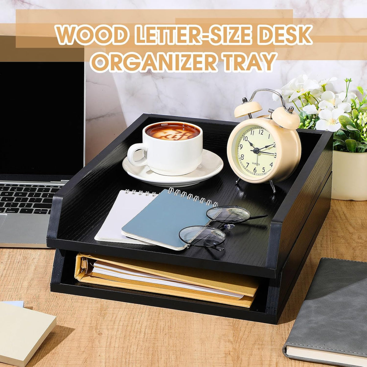 DoubleFill 2 Pcs Wooden Letter Tray 2 Tier Letter-Size Desk Tray, Black