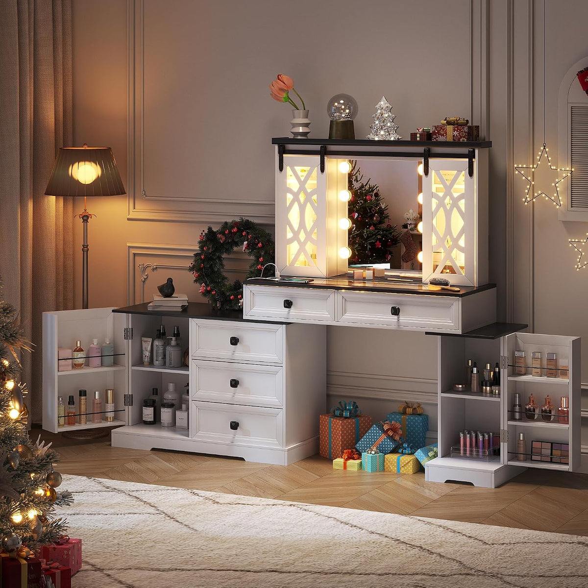 TAGELIER Farmhouse Large Makeup Vanity with Mirror & Lights