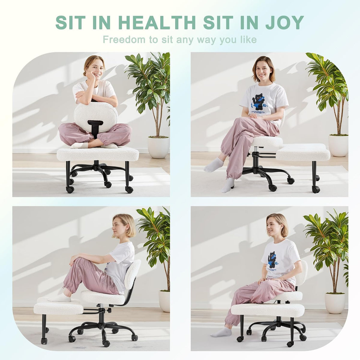 GUNJI Ergonomic Criss Cross Legged Office Chair, 360° Swivel Meditation Kneeling Chair with Wheels, ADHD Chair with Footrest, Lumbar Support, Wider Height Adjustable Seat (White, Faux Leather)