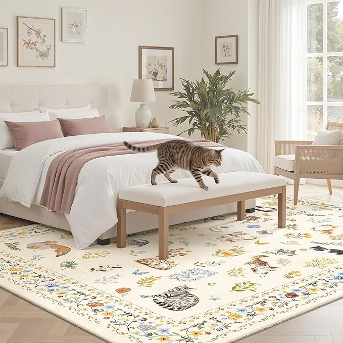 Soalmost Cat 5x7 Area Rugs for Living Room, Machine Washable Animal Floral