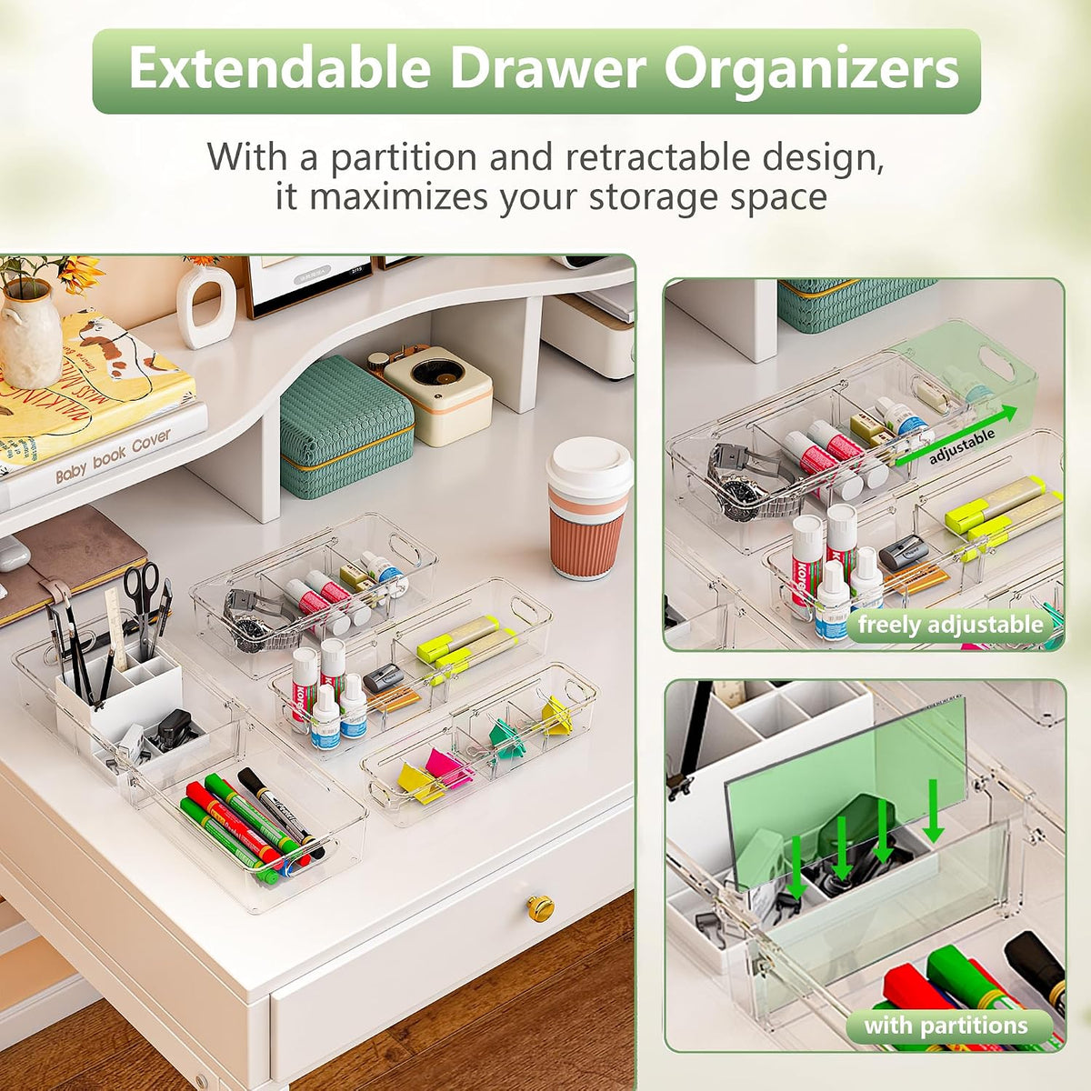 BLULEE 4-in-1 Expandable Drawer Organizer Set, Adjustable Clear Bins (4 Pack)