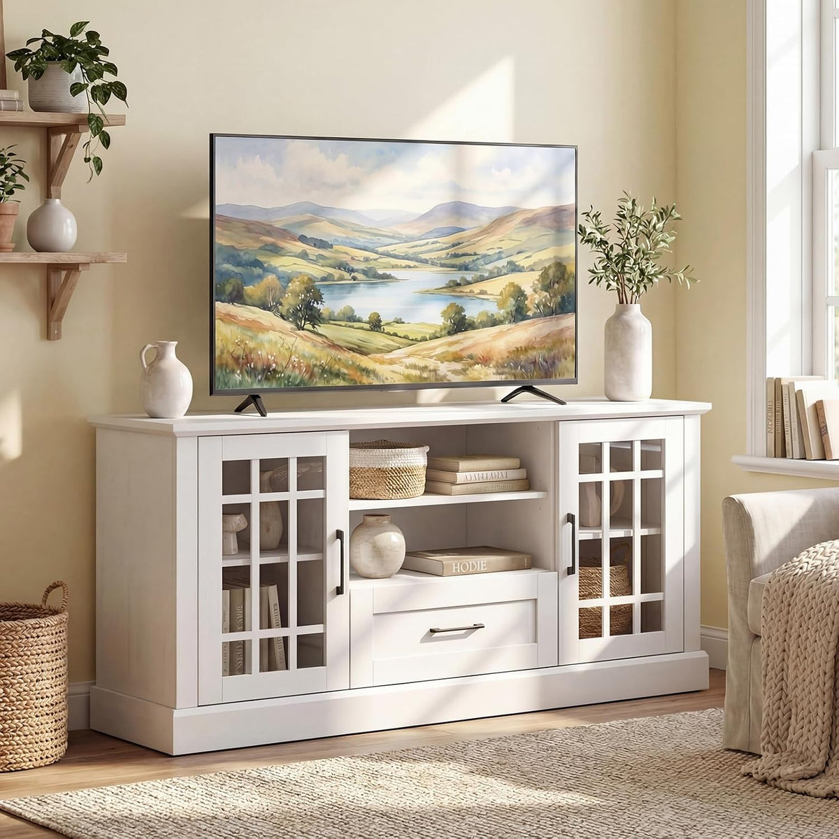 LOKO 62 Inch TV Cabinet, Media Console Table w/ 2 Glass Door Cabinets & Drawer, Fit TVs up to 70”, Cable Management Holes, Farmhouse Style TV Stand for Living Room, Bedroom (White)