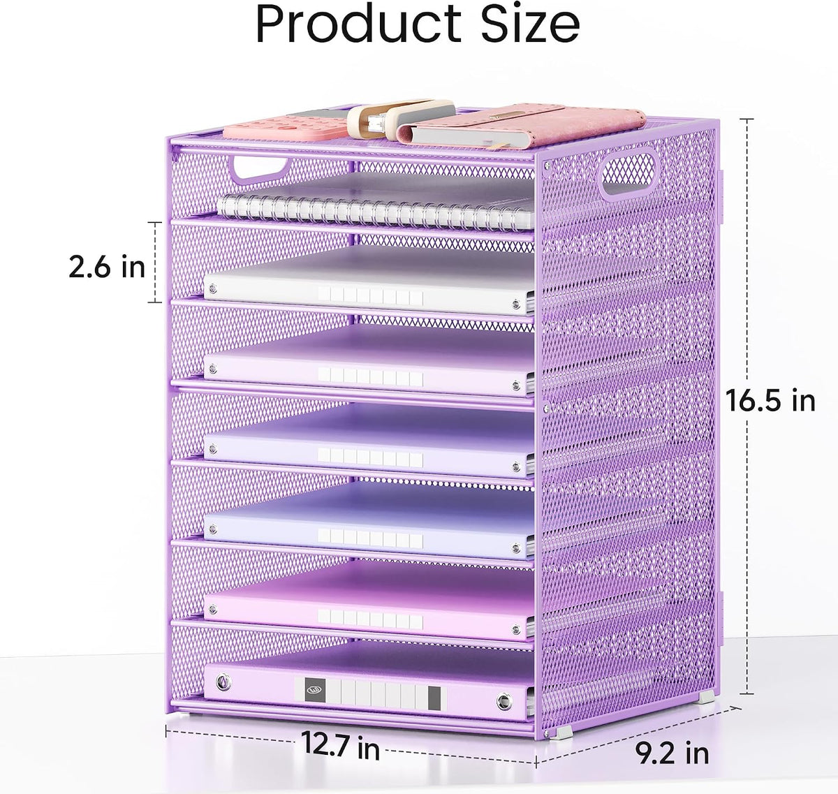 Lavatino 8-Tier Office Desk File Organizer, Letter Tray Paper Organizer with Handle, Including 5 Adjustable Slide Trays for Organizing Desktop Workspace Accessories and Supplies (Purple Metal Mesh)