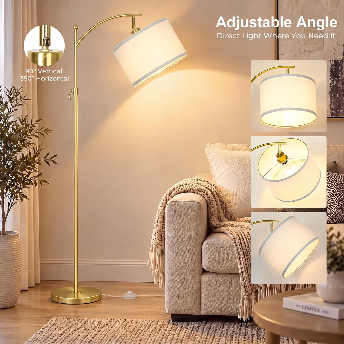 Upgraded Gold Arc Floor Lamp Adjustable Height 55-63in, 3 Color 9W LED Bulb