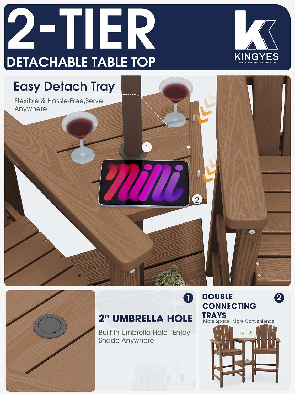 KINGYES Tall Adirondack Chair Set of 2 with Double Connecting Trays, Brown