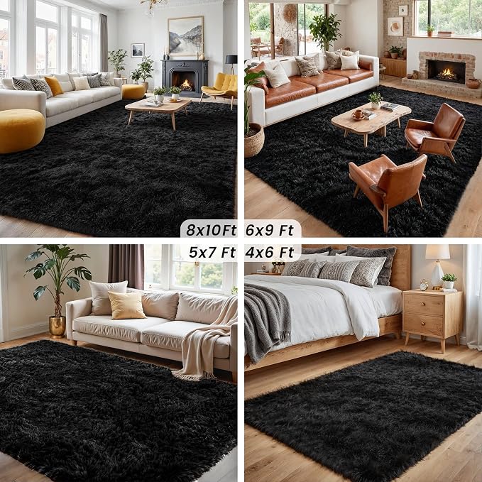 5x7 Area Rugs for Living Room: Ultra Soft Fluffy Shag Black Rug for Bedroom