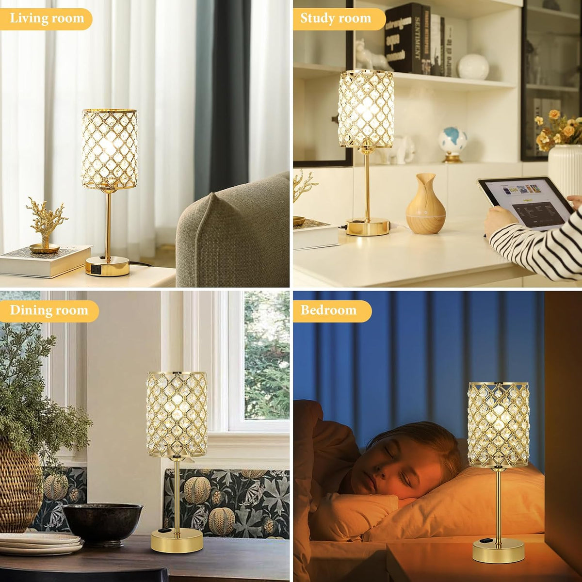 Hong-in Gold Lamps for Night Stands, Crystal Table Lamp with Touch Control
