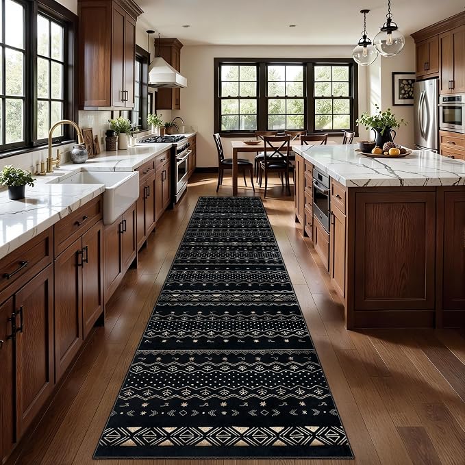 SERISSA Hallway Runner Rug, 2x10 Washable Non-Slip Black Gold Grad Runners