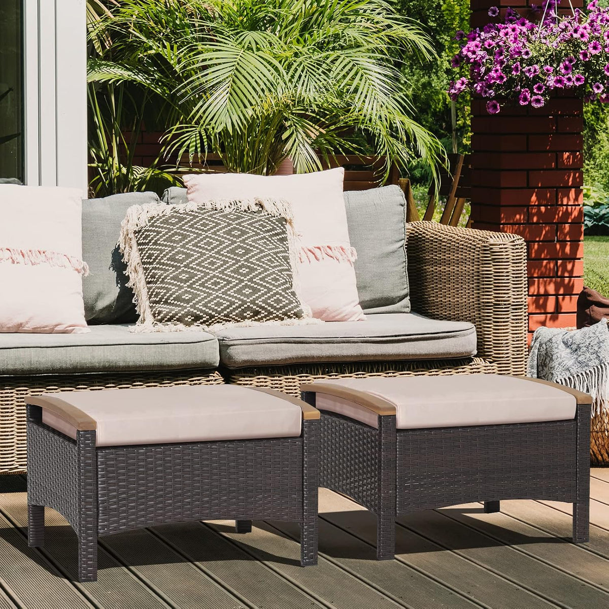 RELAX4LIFE Outdoor Wicker Ottomans for Patio - 2 Pieces PE Rattan Ottoman, Footrest Seat with Zippered Cushions, Acacia Wood Handles, 3-in-1 Footstool, Side Table for Poolside, Backyard (Brown)