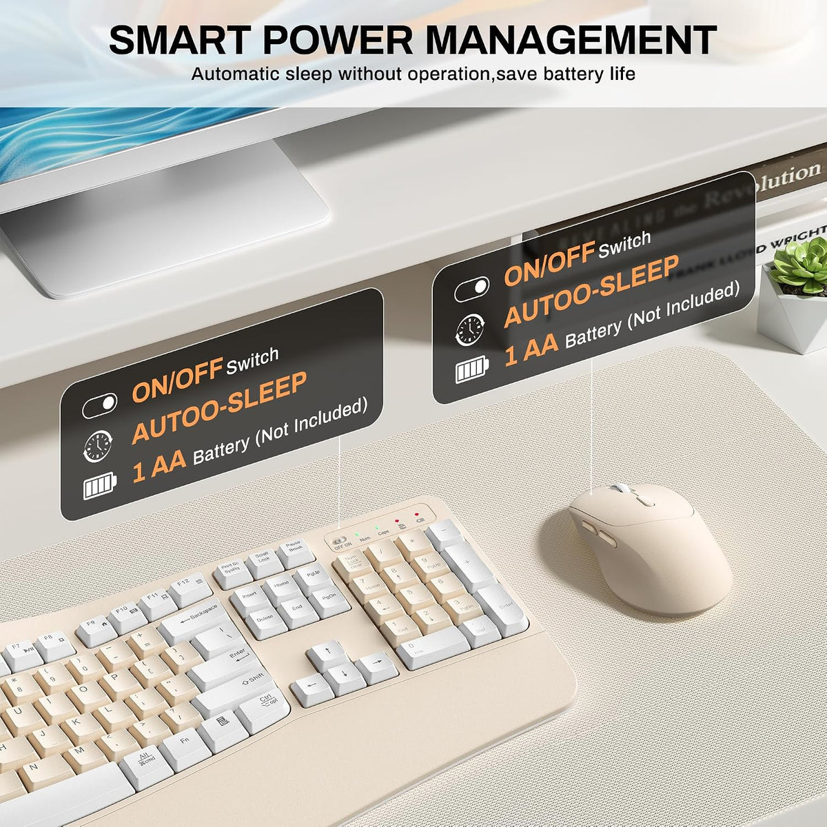 Wireless Keyboard and Mouse Combo,2.4G Ergonomic Wave Keys(Latte Color-A)