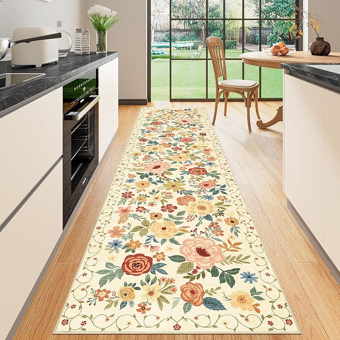 DUKINO Runner Rug for Hallway, 2.6x10 Washable Floral Long Kitchen Rug