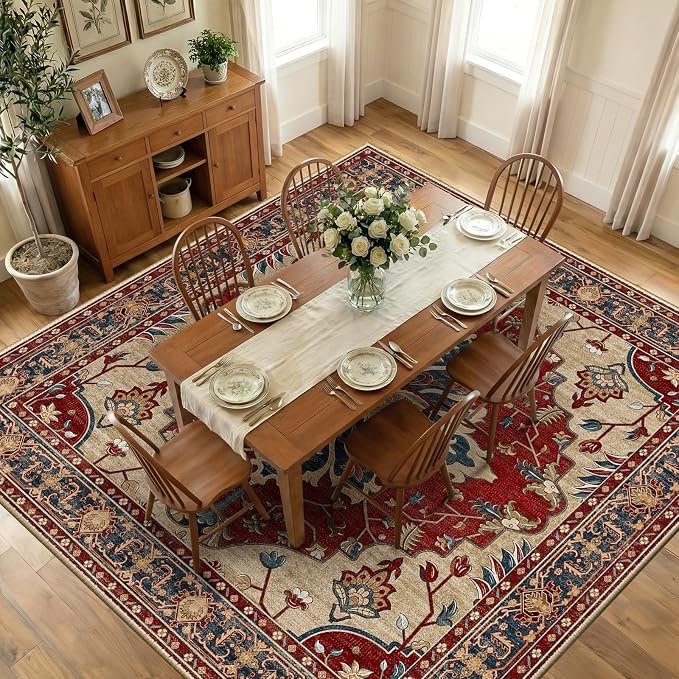 RELEANY Area Rugs Square 10ft Washable Non-Slip, Floral Vintage Distress