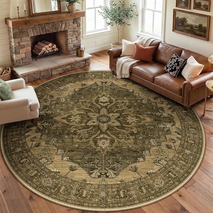 RELEANY Area Rugs Round 8ft Washable Non-Slip, Floral Vintage Distress