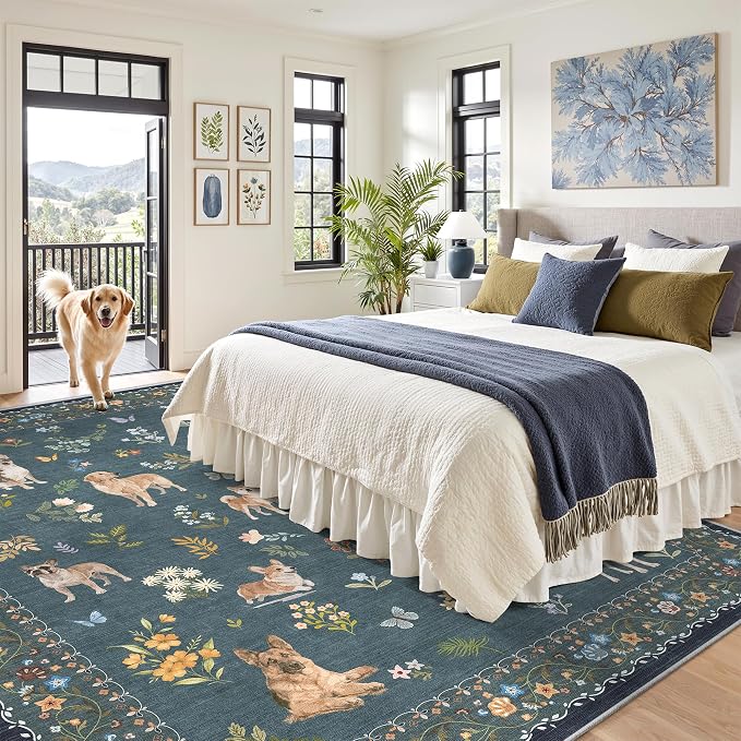 Soalmost Dog 8x10 Area Rugs for Living Room, Machine Washable Animal Floral