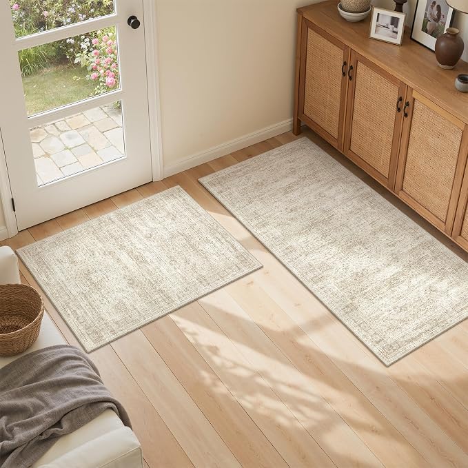 Washable Kitchen Rugs Sets of 2 Piece, Hallway Runner Rug Non-Slip