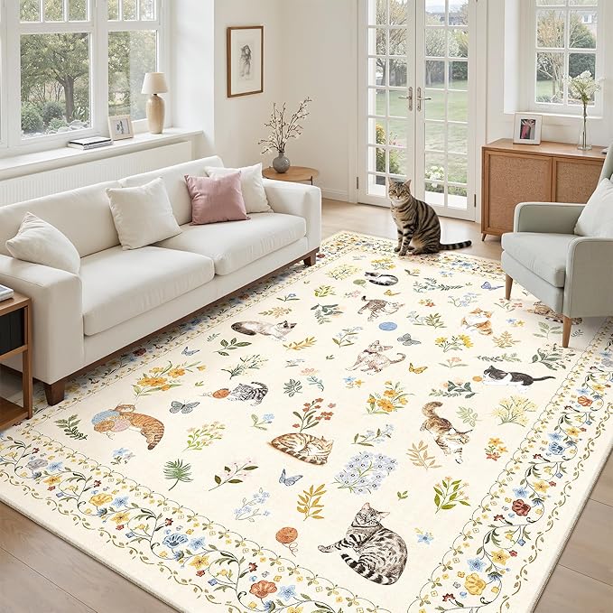 Soalmost Cat 5x7 Area Rugs for Living Room, Machine Washable Animal Floral