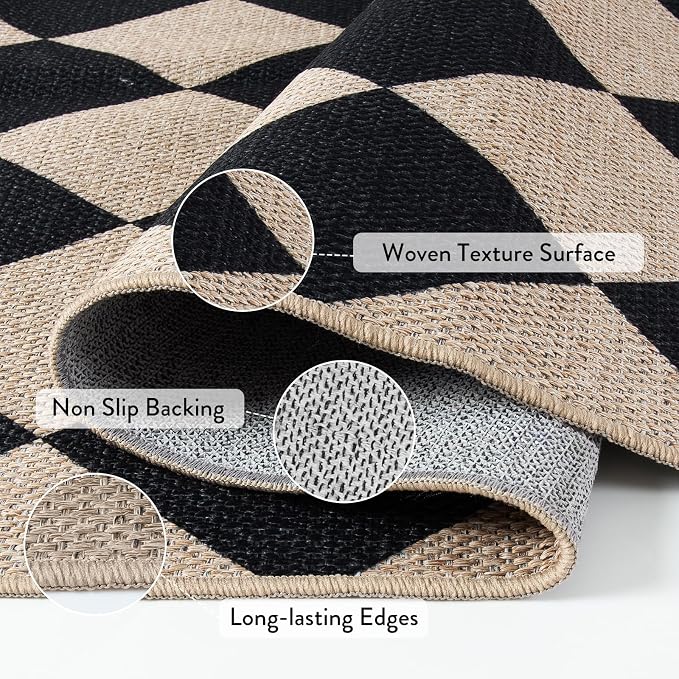 Lahome Checkered Easy Jute 3x5 Entryway Front Porch Rug, Washable Farmhouse