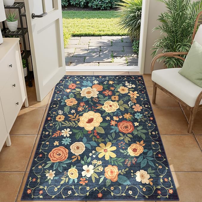 DUKINO 3x4 Area Rug, Lightweight Non Slip Washable Floral Rug, Indoor Low Pile