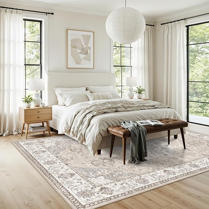 7x10 Area Rug for Living Room: Washable Neutral Vintage Large Rugs for Bedroom