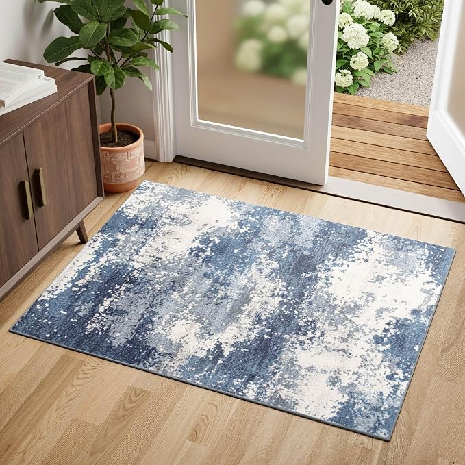Entryway Rug 2x3 Blue Door Mat Indoor Entrance 24x36, Washable Small Throw Rugs