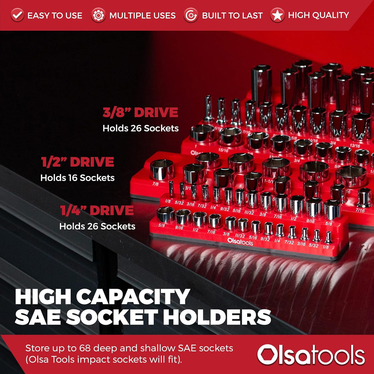 Olsa Tools Magnetic Socket Organizer - 3 Piece Socket Holder Kit - 1/2-Inch - 3/8-Inch - 1/4-Inch Drive - SAE - Red - Holds 68 Sockets - Professional-Grade Tool Organizer - Part: 1150