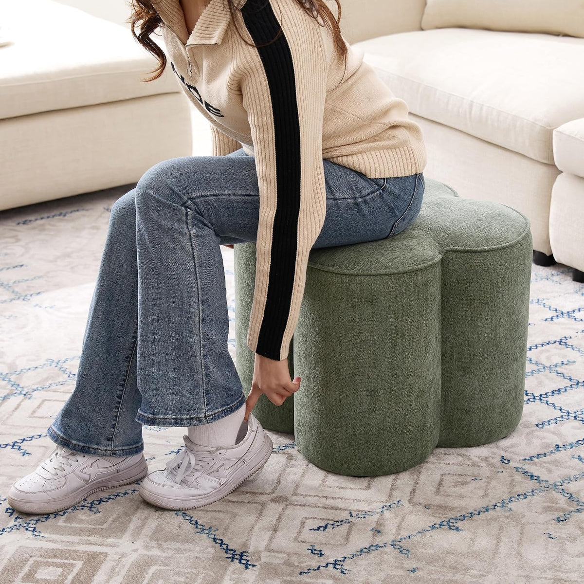 Zesthouse Flower Pouf Ottoman Foot Rest, Linen Fabric Poofy Ottoman Stool
