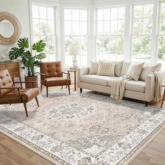 7x10 Area Rug for Living Room: Washable Neutral Vintage Large Rugs for Bedroom