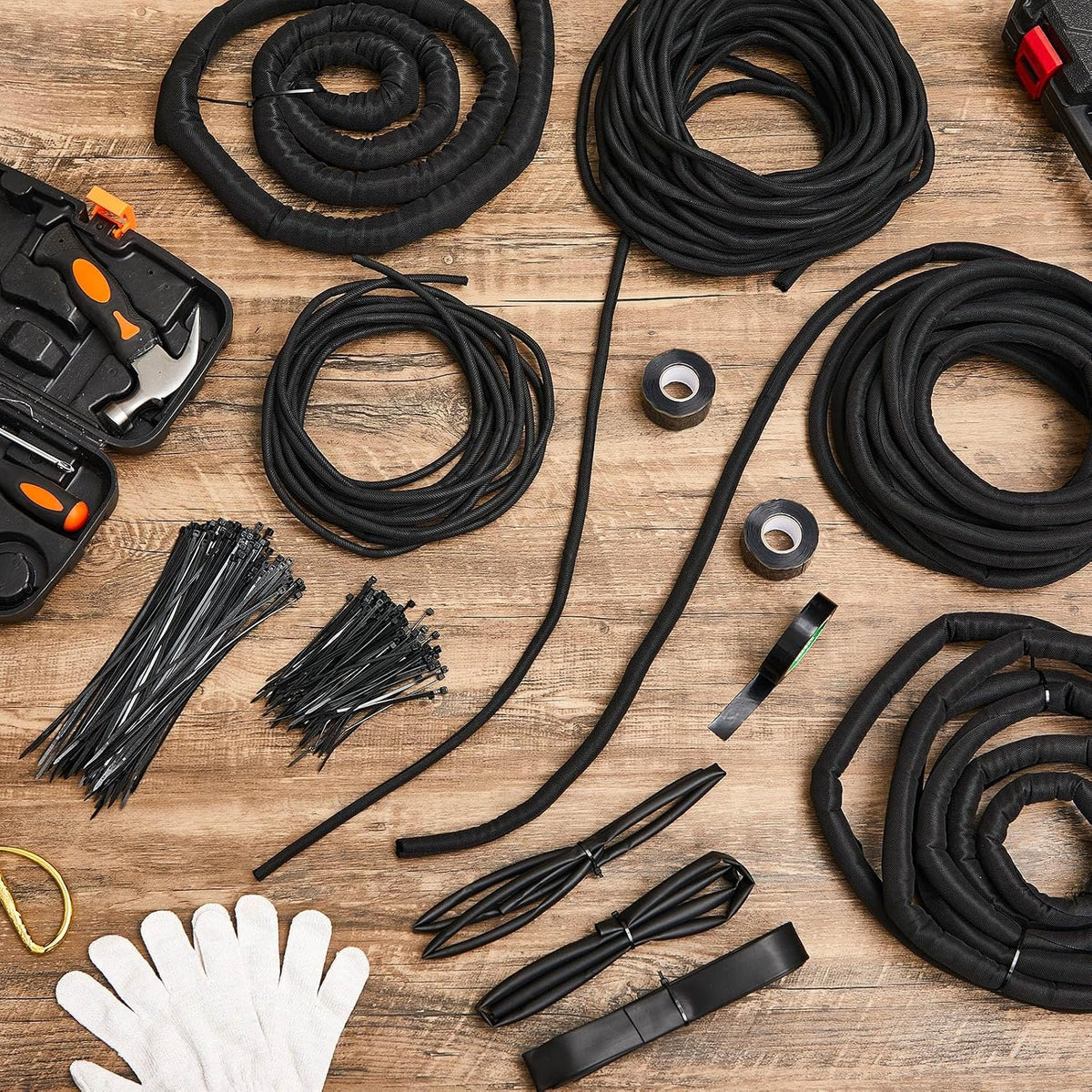 Nuanchu Wire Loom Sleeve Kit, Split Sleeving with Heat Shrink, Tape & Ties