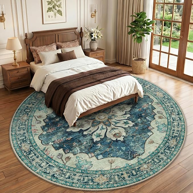 RELEANY Area Rugs Round 10ft Washable Non-Slip, Floral Vintage Distress