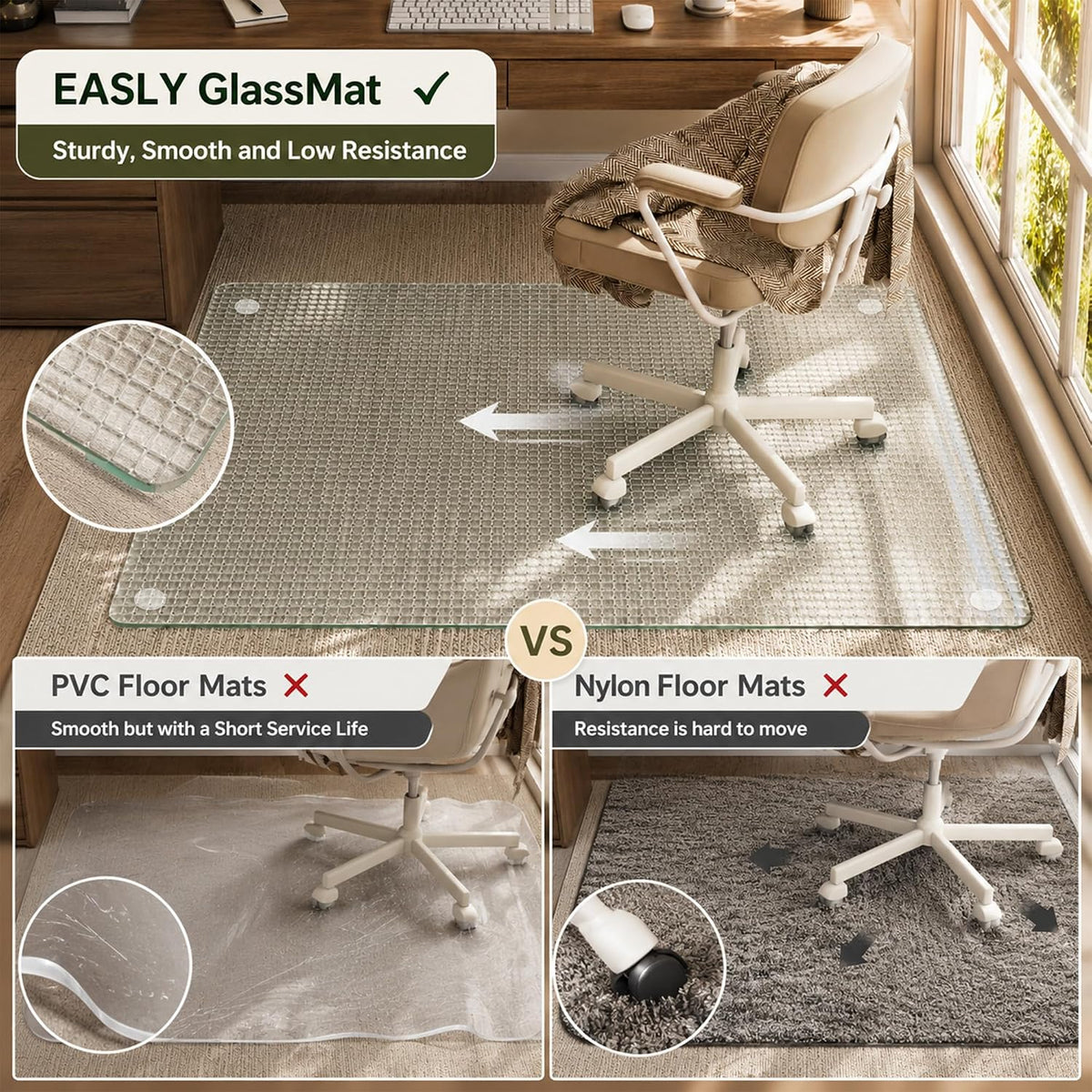 36"X47" Tempered Glass -Glass Chair Mat, Heavy Duty Hard Floor Mat for Home