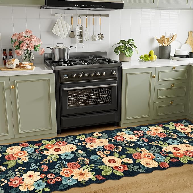 DUKINO 2.6x10 Runner Rug for Hallway, Lightweight Washable Floral Kitchen Rug
