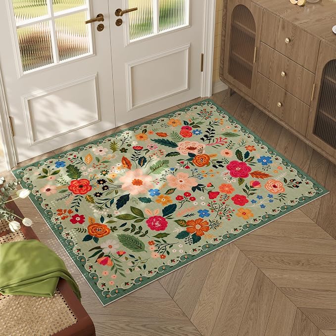 Rugcomf Door Mat Indoor Entrance 2x3 Rug Machine Washable Boho Floral Small