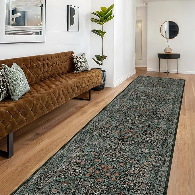 Dark Green Washable 3x20 Extra Long Runner Rug