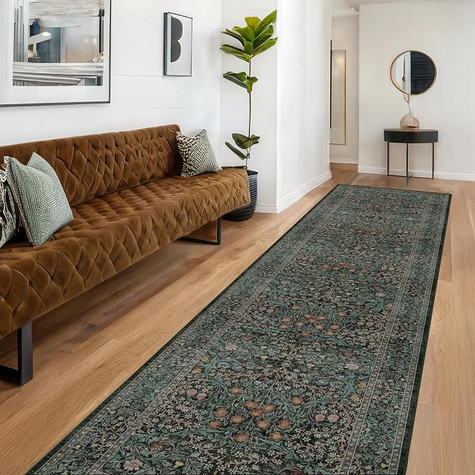 Dark Green Washable 3x16 Extra Long Runner Rug