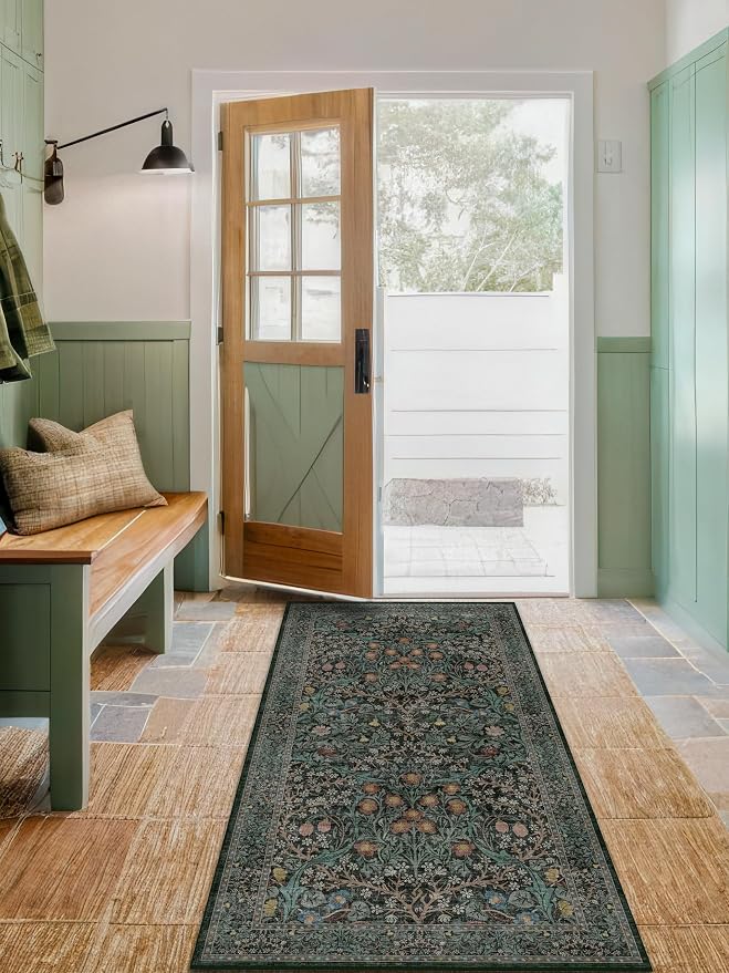 Dark Green Washable 3x6 Runner Rug