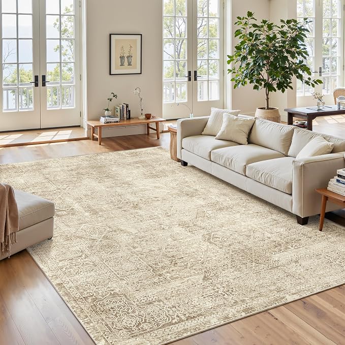 Soalmost 5x7 Area Rugs Brown Low Pile Indoor Washable Trendy Faded Style Floral