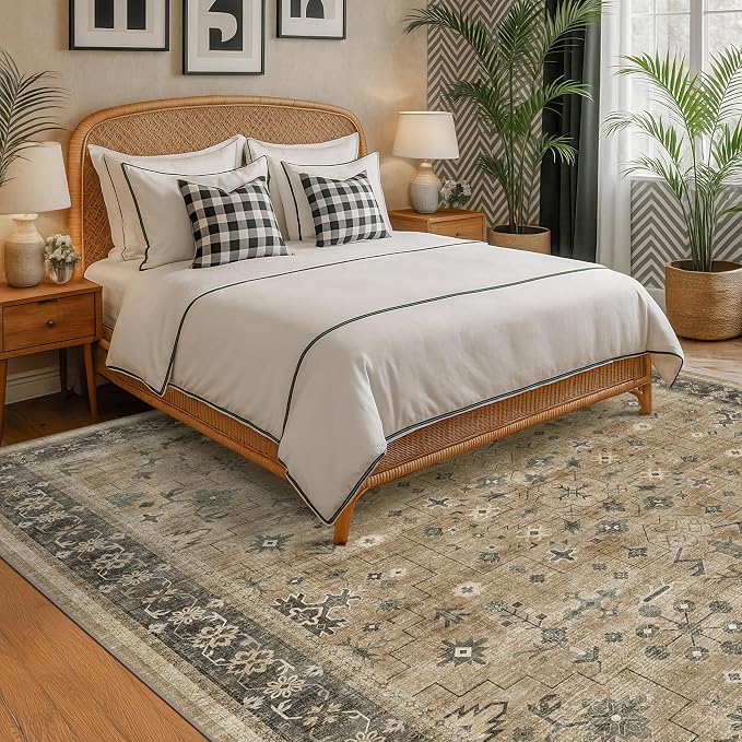 Natural Earthy 7x9 Area Rug for Living Room, Washable Bedroom Carpet, Oriental