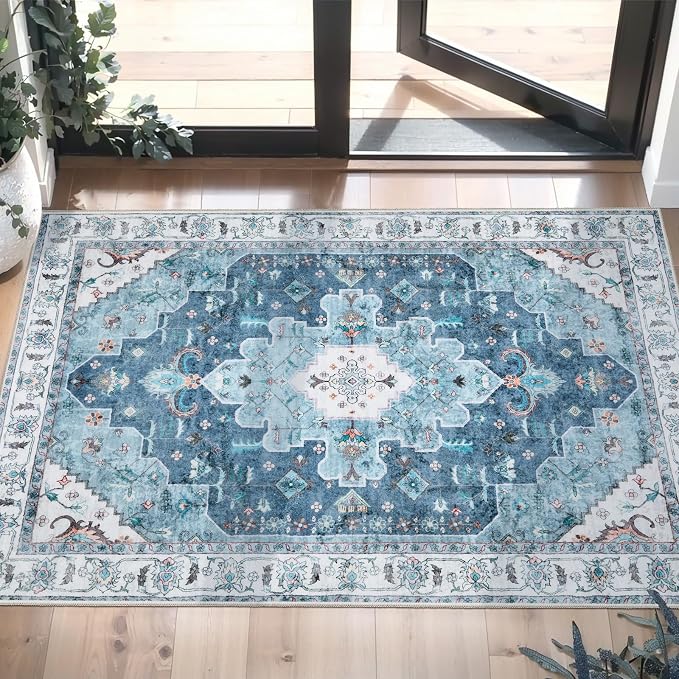 SERISSA Boho Rugs for Entryway, 2x3 Blue Entryway Rug Non-Slip Washable Small