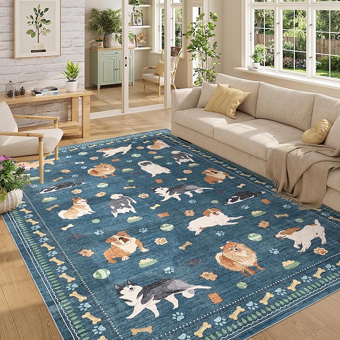 DUKINO 6x9 Rug for Living Room, Lightweight Animal Dog Print Washable Area Rug