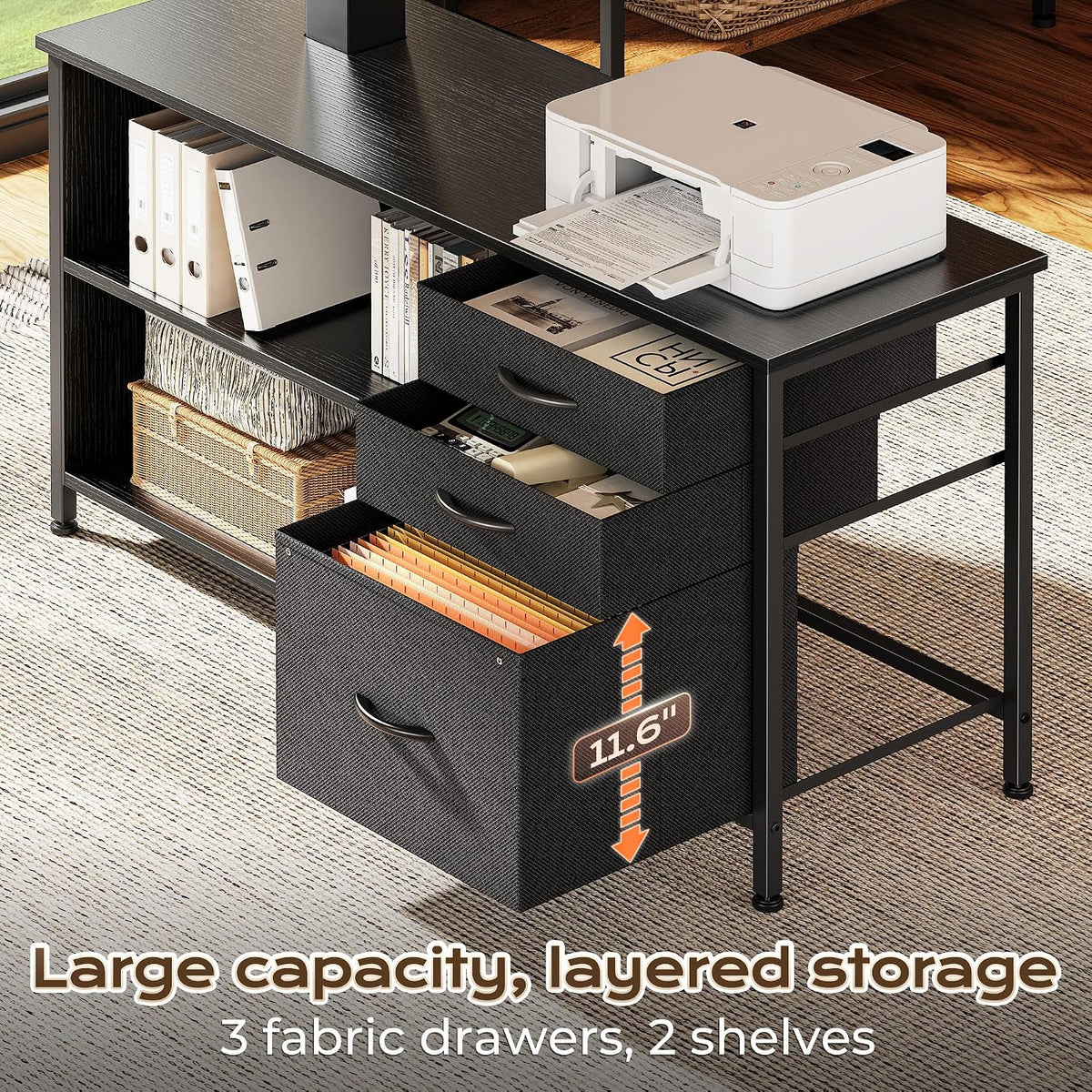 PRAISUN 63'' L Standing Desk with Outlets, Cabinet with Shelves, Drawers