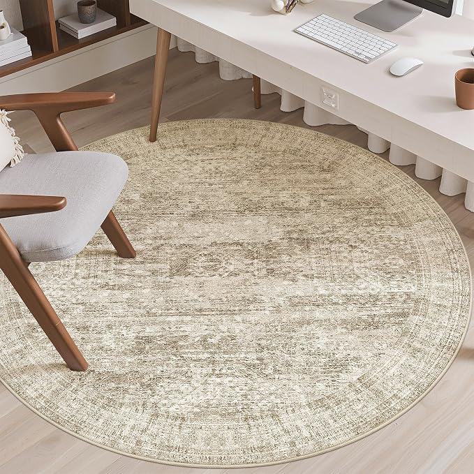 Soalmost 6x6 Brown Round Rug 6ft Living Room Circle Rug Vintage Round Area Rug