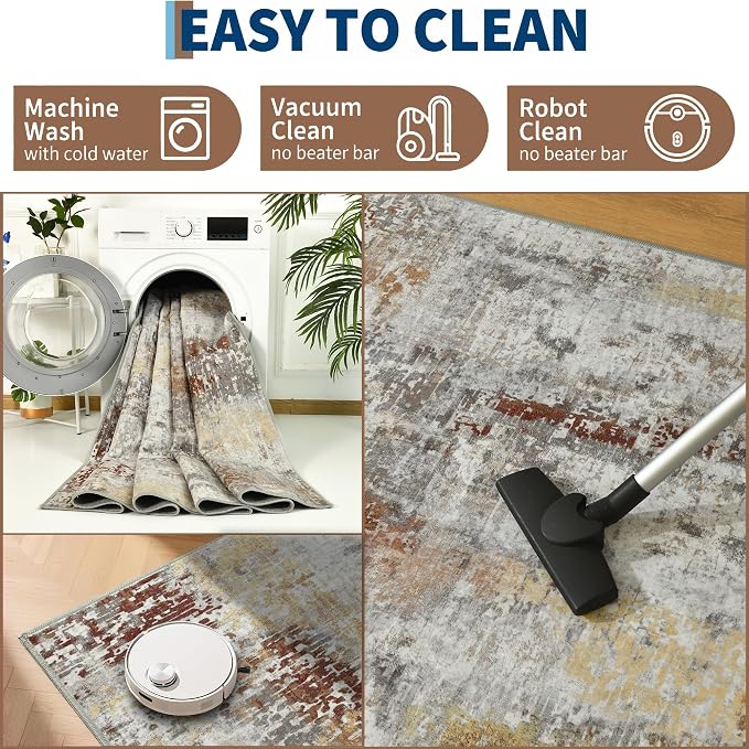 Living Room Rug 9x11 Beige Area Rugs Machine Washable Abstract Boho Large Rug