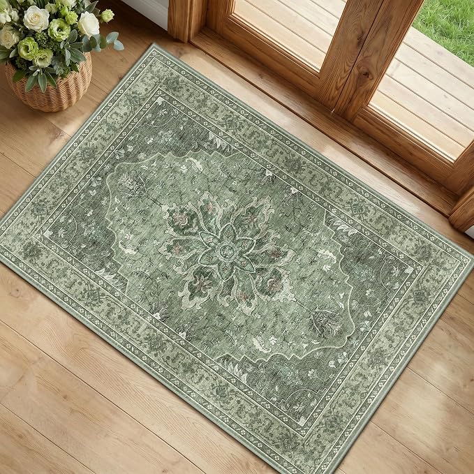 RELEANY Area Rugs Small 2'x4' Washable Non-Slip, Floral Vintage Distress