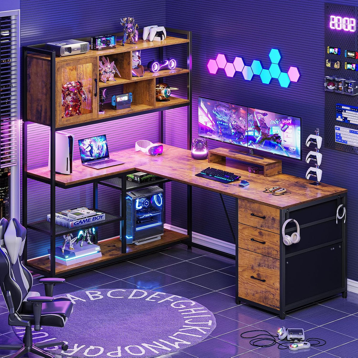 SEDETA 58'' L Shaped Computer Office Desk with 3 Drawers and Bookshelf