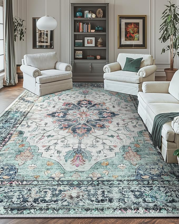 RELEANY Area Rugs Large 10'x14' Washable Non-Slip, Floral Vintage Distress