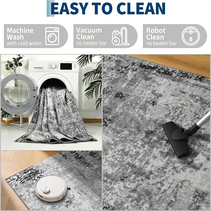 Living Room Rug 7x10 Gray Area Rugs Machine Washable Abstract Boho Large Rug